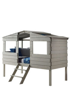 a wooden bunk bed with a ladder to the top and mattresses on each side