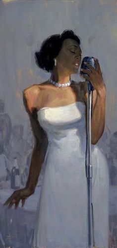 a painting of a woman in a white dress singing into a microphone with an audience behind her