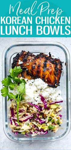 meal prep korean chicken lunch bowls with rice and coleslaw in a plastic container