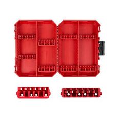 red plastic storage containers with dividers and clips on each side, set against a white background