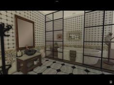 the bathroom is decorated in white and black tile, with an old fashioned bathtub