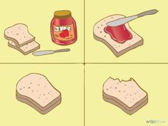 toast with peanut butter and jam on it is shown in four separate pictures, one being sliced