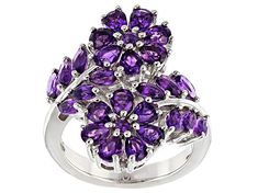 Pre-Owned 1.79ctw Pear Shape, 1.12ctw Marquise, and .07ctw Round African Amethyst, Rhodium Over Sterling Silver Flower Bypass Ring. Measures approximately .84"L x .97"W. Not sizeable. Finished under gallery. .  This product may be a customer return, vendor sample, or on-air display and is not in its originally manufactured condition.  It may not be new.  In some instances, these items are repackaged by JTV. Theme Nature, Jewelry Television, Jtv Jewelry, Jewelry Clasps, Authentic Jewelry, Colour Purple, Sterling Silver Flowers, Silver Flowers, Pretty Jewellery