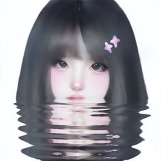 a woman with long black hair standing in water