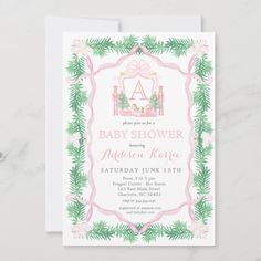 a pink and green baby shower card with pine branches on it, featuring the letter a