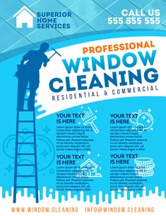 an advertisement for window cleaning with a man on a ladder