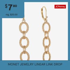 Included: 1 Pair of EarringsEarring Back: Lever BackMetal Color: Gold ToneEarring Length: 61mmEarring Width: 11mmCare: Wipe CleanEarrings Style: Drop EarringsMetal: ZincCountry of Origin: Imported Monet Jewelry, Drop Earrings, Gold, Color