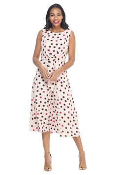 This midi dress is Jewel, we love her polka dot print and waist tie! Dust Storm, Color Dust, Petite Size Chart, Jewel Neckline, Maggy London, White Midi Dress, Polka Dot Print, Silhouette Design, Dot Print