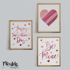 three framed valentine's day cards with hearts and the words happy valentine's day be mine