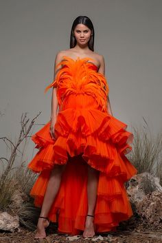 Description Orange High-low, Long dress Sleeveless Open neckline Strapless Feather, Tulle Dry Clean Made in Spain SKU BONDENO Orange Trends, Isabel Sanchis, High Low Gown, Orange Fashion, Wedding Attire, Dress Sleeveless, Asymmetrical Dress, Pleated Dress, Couture Fashion