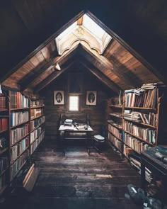 an attic with bookshelves full of books