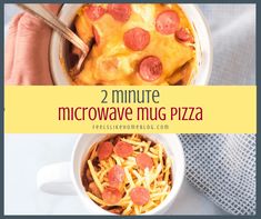 the cover of microwave mug pizza is shown in two different bowls, one with pepperoni and cheese