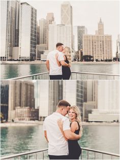 a man and woman standing next to each other in front of a cityscape