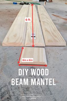 the diy wood beam mantel is shown with measurements to make it look like it has