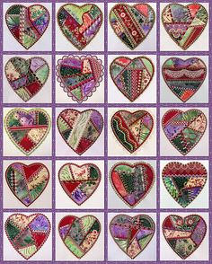 many hearts are arranged in rows on a purple and white background, each with different designs