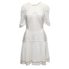 White Mesh-Accented Short Sleeve Pleated Dress By Herve Leger. Crew Neck. Zip Closure At Back. Measurements: 34" Bust, 28" Waist, 39" Length, 17" Shoulder Width. Guc- Some Minor Wear Herve Leger Dress, Herve Leger, White Mesh, Pleated Dress, Day Dresses, Mesh, Fashion Outfits, Crew Neck, Womens Dresses