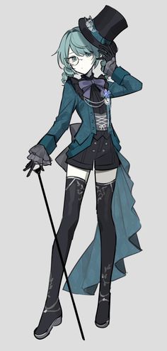 a drawing of a woman with blue hair wearing a top hat and holding a cane