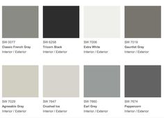 different shades of gray and white paint on the same color scheme, each with their own name