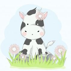 a black and white cow sitting in the grass with daisies on its head,