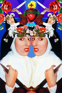 two women with flower crowns on their heads are facing each other in front of a blue background