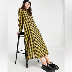 Cute And Casual. Great For Anything From Work, To A Day Out. Yellow Plaid Dress, Green Dress Casual, Check Dress, Yellow Plaid, Shirt Dress Casual, Yellow Fashion, Plaid Dress, Fall Dresses, Button Placket