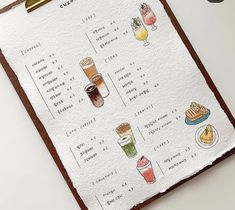 a clipboard with different drinks on it