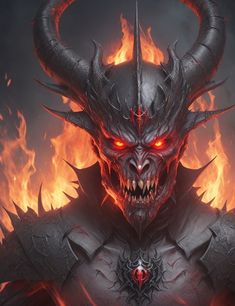 a demonic demon with red eyes and horns in front of a blazing fire filled background