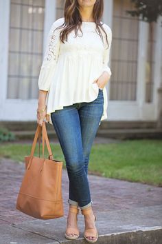 jillgg's good life (for less) | a west michigan style blog: my everyday style: white lace top! Kurtis On Jeans, Jeans Top Design, Short Kurti Designs, Designer Blouses Online, Western Top, Looks Jeans, Jeans Outfit Women