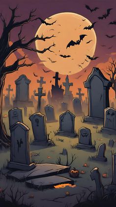 halloween graveyard with bats and full moon in the background, digital painting style illustration stock photo