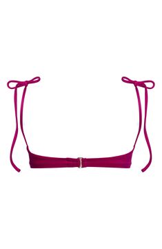 Underwire cups lend support to this dainty, ruffle-trimmed bikini top with slender tie straps. Clasps at back Adjustable straps Lined 80% polyester, 20% elastane Hand wash, dry flat Imported Summer Push-up Swimwear With Adjustable Straps, Beachwear Push-up Swimwear With Adjustable Straps, Summer Swimwear With Removable Cups For Swimming, Fitted Swimwear With Removable Cups For Summer, Party Swimwear With Adjustable, Bra-friendly Fit, Summer Swimwear With Removable Cups, Party Swimwear, Push-up, Bra Friendly, Party Swimwear With Push-up Bra Friendly Design, Party Push-up Swimwear With Padded Cups