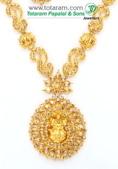 22 Karat 'LAKSHMI' Gold Necklace & Long Earrings Set with Uncut Diamonds
  Gross Gold Weight: 43.750 - 44.750 Grams 
  Uncut Diamond Weight: 9.62 Carats
  Length of Center Pendant of the Necklace : 2.20 inches
  Width of Center Pendant of the Necklace : 1.40 inches
  Width of the sides of the Necklace: 0.40 inches
  Length of Earrings : 1.35 inches
  Width of Earrings : 0.70 inches
   - 235-DS355 - in 44.750 Grams for USD $4928.24. 
Made in India by Totaram Jewelers Online this product i Gold Necklace Long, Geek Jewelry, Gold Long Necklace, Jewelry Rings Diamond, Uncut Diamond, Necklace Long, Moon Stone, 22k Gold, Vintage Jewellery