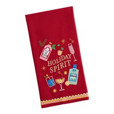 a red towel with the words holiday spirit on it