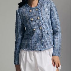 Maeve By Anthropologie Tweed Jacket. Blue. New With Tags. Size 2. Blue Tweed Jacket Outfit, Tweed Jacket Outfit, Blue Tweed Jacket, Faux Suede Moto Jacket, Edgy Accessories, Blue Tweed, Anthropologie Jacket, Hacks Clothes, Blue Fits