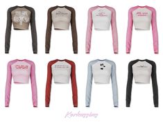 six women's long sleeved shirts with different sayings on the front and back