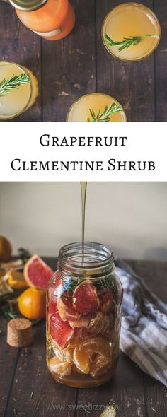 grapefruit clementine shrub being poured into a jar