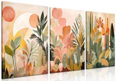 three paintings with flowers and plants on them, each painted in an orange hued color