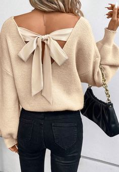 Tied Back V-Neck Long Sleeve Sweater Apricot Sweater, Beige Pullover, Beige Sweater, Lantern Sleeves, Long Sweaters, Long Tops, Vneck Sweater, Long Sleeve Sweater, Bow Tie