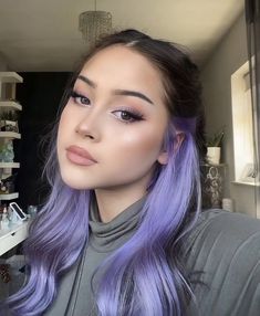 Brown Hair Lavender Underneath, Brown With Color Hair, 2023 Purple Hair, Lavender Halo Hair, Lavender Hair Peekaboo, Lavender Peekaboo Hair Brunette, Hair Color Ideas For Brunettes Purple, Colorful Hair Ideas For Brunettes, Purple Money Piece Hair Brunette