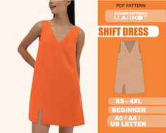 a woman in an orange dress is standing next to the sewing pattern for this shift dress