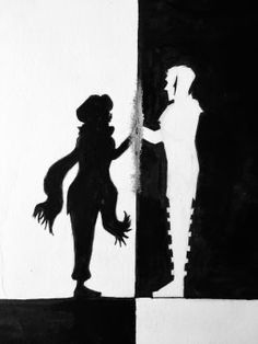 a black and white drawing of two people standing in front of a mirror, one holding the hand of another person