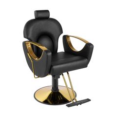 a black chair with gold trimmings on the arms and legs, sitting in front of a white background