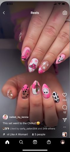 Pink Aztec Nails, Fun Nashville Nails, Space Cowgirl Nail Ideas, Luke Bryan Nails, Cowgirl Bachelorette Nails, Hot Pink Country Nails, Dolly Parton Nails Art, Nails For Music Festival, Nails With Cowboy Hat