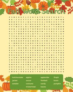 fall word search with leaves and acorns on the bottom, in front of a yellow background