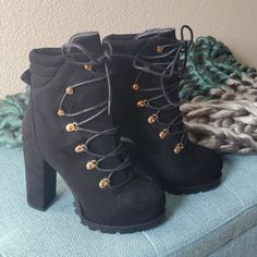 Brand New. Wild Diva Vivian Black Faux Suede Lace Up Platform Heeled Ankle Boots. Gold Embellishments With Cushion Ankle Band In Back. Size 6.5 Heel 4.74" Platform 1.5" Deep Lug Rubber Thread Man Made Upper And Lowers No Side Zipper On These, Lace Up Only For Comfort. No Box. Boots Are In Perfect Condition And Will Be Shipped Individually Wrapped For Protection. All Items Are Video Taped Prior To Shipping For Your Protection And Mine. Black Winter Heels With Reinforced Heel, Winter Black Heels With Reinforced Heel, Black Heels With Reinforced Heel For Winter, Winter Heels With Reinforced Block Heel, Suede High Heel Platform Lace-up Boots, Black High Heel Winter Lace-up Boots, Black Suede Lace-up Platform Boots, Suede Lace-up Platform Heeled Boots, Winter Faux Leather Ankle Boot Heels