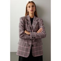 Multicolor plaid knit (60% Polyester 40% Rayon). Lining (100% Polyester). Blazer. Long sleeves. Collar. Front button closure. 29.5" from shoulder to hemline. Imported. Trendy Houndstooth Work Blazer, Classic Gingham Blazer For Work, Fall Workwear Gingham Blazer, Fall Gingham Blazer For Workwear, Fall Gingham Blazer For Work, Bold Jewelry, Houndstooth Blazer, Rent The Runway, Closet Designs