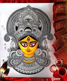 a drawing of a woman's face on white paper with red and gold decorations