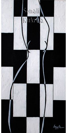 a black and white checkered wall with a painting of a woman's torso