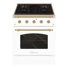 a white stove with gold trim and two burners