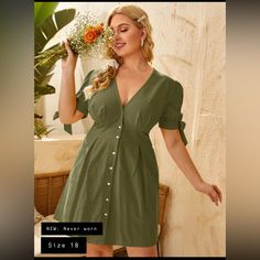 New: Never Worn Army Green Button Down Dress Summer Plus Size, Button Up Dress, Green Button, Button Down Dress, Aesthetic Photography, Dress P, Sleeve Cotton, Army Green, Plus Size Dresses