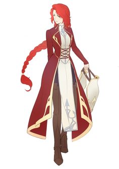 an anime character with red hair wearing a long coat and holding a white jug in her hand